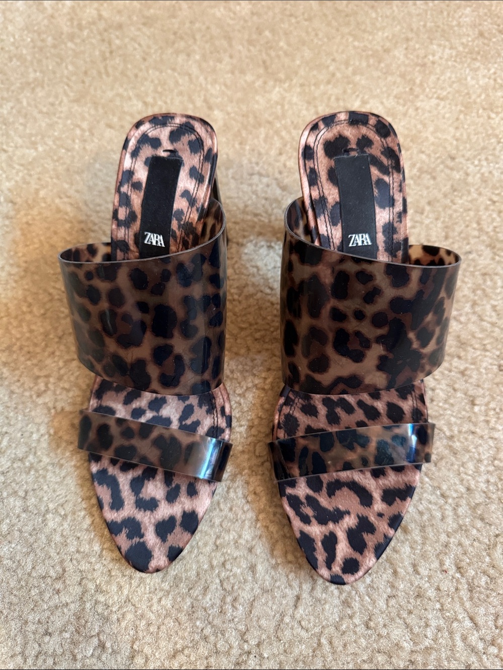 ZARA Leopard-Pattern Clear Strap Mules in Brown and Black - Size 7